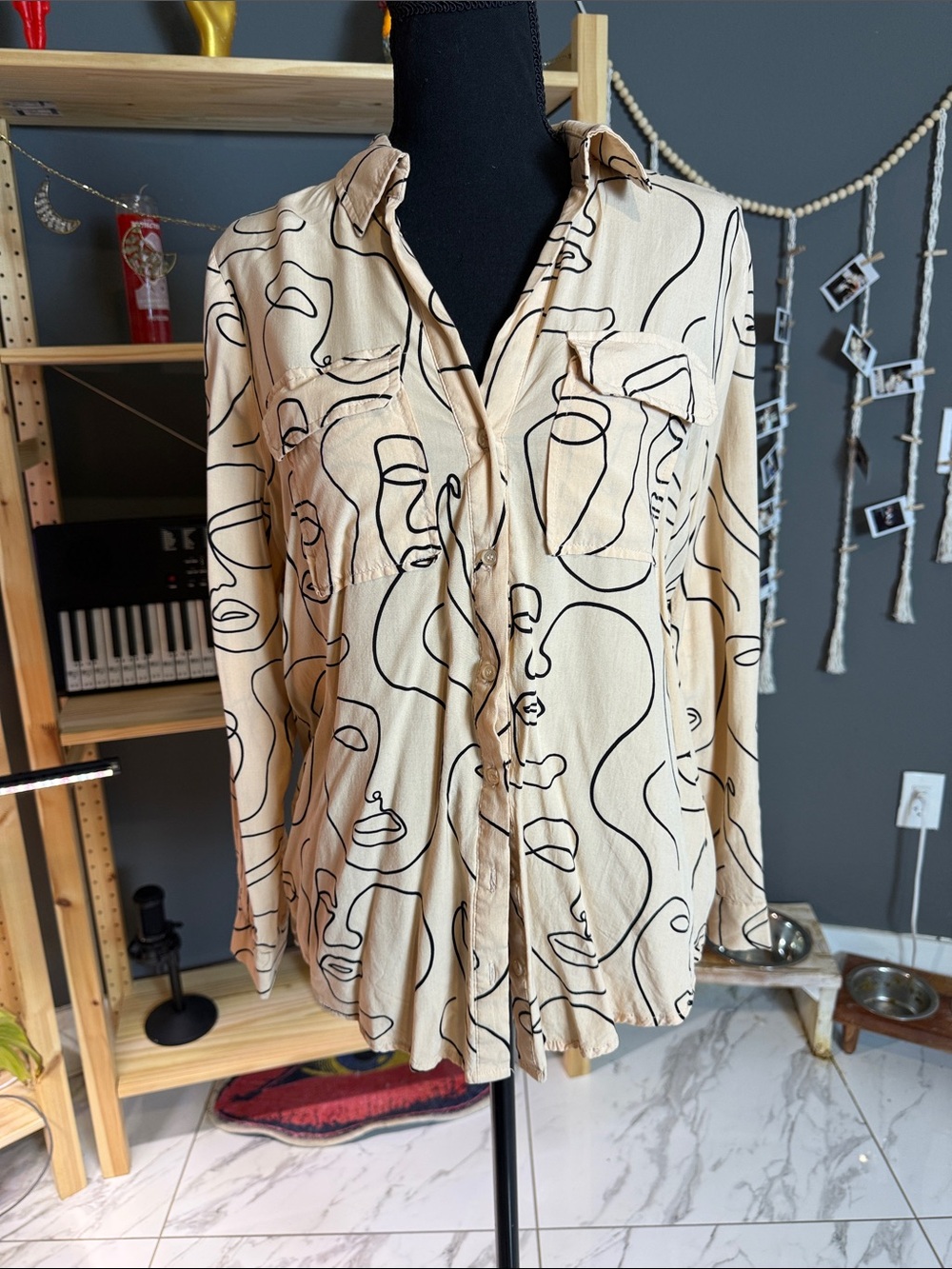 Beige Abstract Line-Print Button-Down Shirt for Men